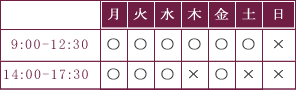診療時間午前9：00から12：30まで午後2：00から午後5：30まで木.土午後休診